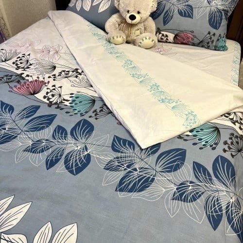 Pościel Beżowo-Złota Kwiaty i liście na biało-niebieskim tle Family (2 poszwy na kołdry) - obrazek 3