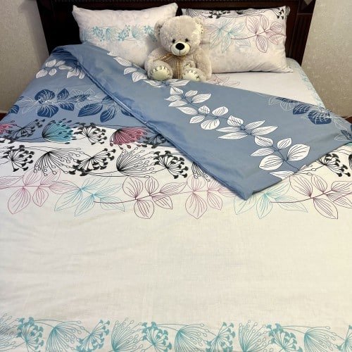 Pościel Beżowo-Złota Kwiaty i liście na biało-niebieskim tle Family (2 poszwy na kołdry) - obrazek 4