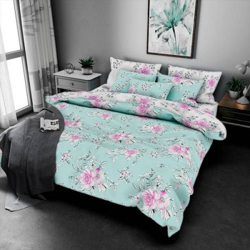 Pościel Beżowo-Złota Różowe róże na białym i turkusowym tle Family (2 poszwy na kołdry)