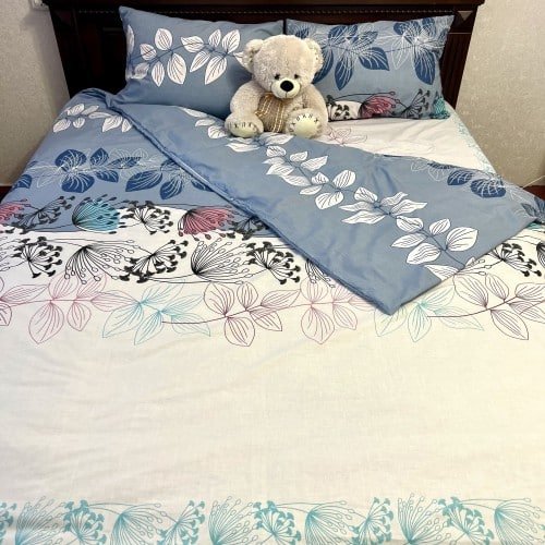 Pościel Beżowe Złoto Kwiaty i liście na biało-niebieskim tle Polutorn - obrazek 5